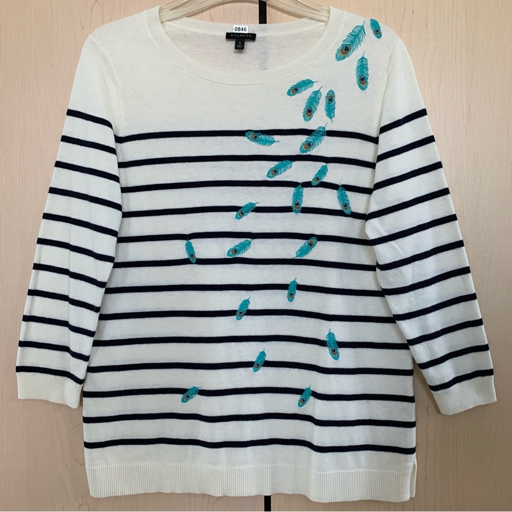 Talbots Womens 3/4 Sleeve Peacock Feather Embroidered Sweater Black Strip Size S